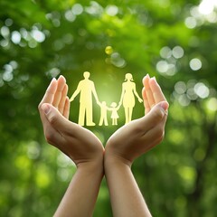 Family protection insurance concept hands holding paper family against green background life insurance concept