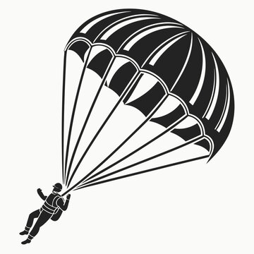 Black silhouette of a skydiver with parachute against white background