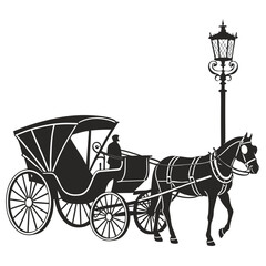 Black horse drawn carriage with driver and lamppost