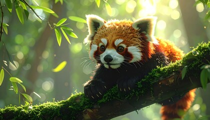 Red panda resting on a moss covered tree branch with sunlight and foliage