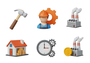 Industrial icons hammer worker factory clock coin house isolated on a transparent background tool