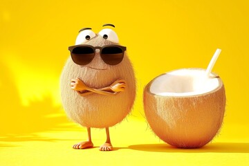 Cartoon coconut wearing sunglasses next to a coconut with a straw filled with coconut milk on a yellow background. Coconut milk advertisement.