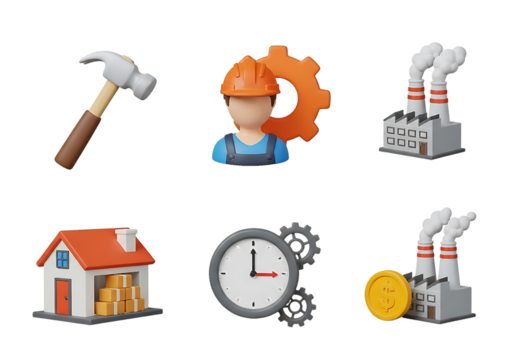 Industrial icons hammer worker factory clock coin house isolated on a transparent background tool