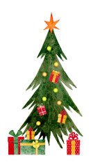 Watercolor vector Christmas tree with gifts and star. Hand-painted festive illustration in green and red tones for winter holiday design and decoration.