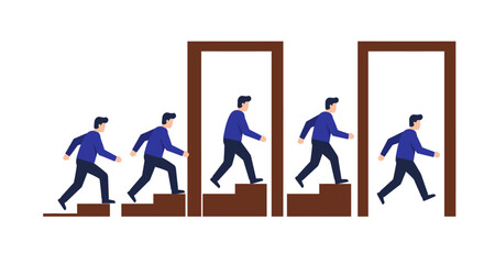 Businessmen ascend stairs through doorways representing career growth opportunity and advancement in corporate ladder success vector