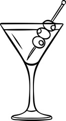 Hand-drawn black and white icon of an elegant margarita cocktail with olives, sketch style illustration of a classic martini drink. Simple doodle for bar menu and luxury themes