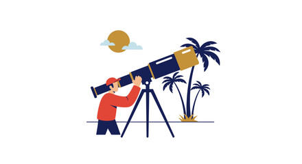 Astronomy enthusiast gazes through a telescope at stars on a tropical island with palm trees and a bright sun vector