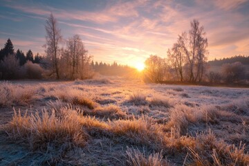 Obraz premium Morning light breaks over a frosty meadow, highlighting icy grass and trees. The sky glows with warm colors as day begins in a peaceful natural setting
