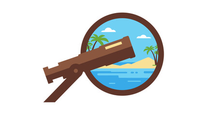 Vintage telescope gazing at a tropical beach paradise with palm trees and ocean views vector