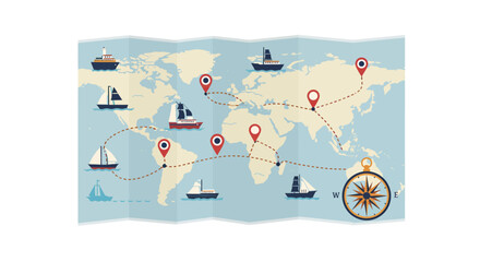 Nautical exploration world map with vintage ships location markers compass rose and ocean seas chart global navigation adventure vector