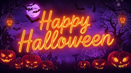 Vibrant Neon Orange "Happy Halloween" Banner on a Spooky Purple Haunted Landscape