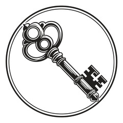 Ornate Black Key Inside Circle Graphic white