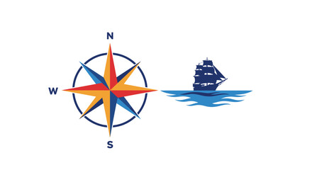 Nautical compass rose and sailing ship silhouette symbolizing navigation direction maritime adventure ocean exploration voyage vector © Hridoy
