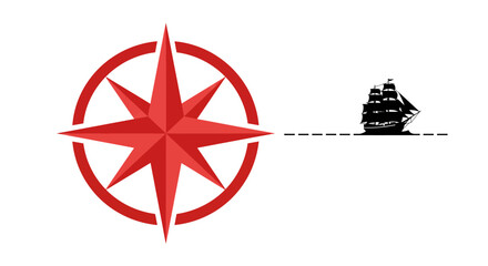 Red compass rose symbol guiding a silhouette sailing ship across open waters representing navigation adventure discovery vector
