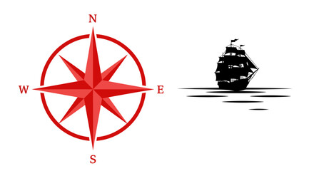 Classic nautical compass rose with old sailing ship silhouette illustrating directional navigation and maritime adventure vector © Hridoy