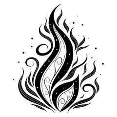 Black abstract flame with swirling elements and dots