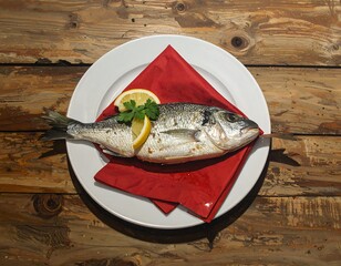 A beautifully presented grilled fish dish served with lemon on a plate