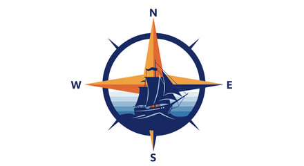 Vintage compass rose with nautical ship silhouette over blue ocean waves and orange sunrise sky vector