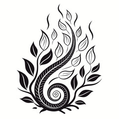 Black abstract swirling plant with leaves and smoke