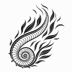 Black abstract spiral flame with leaf elements on white