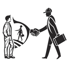 Black and white graphic of two men shaking hands with a smaller figure in a speech bubble