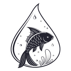 Black fish in water drop with bubbles and waves droplet