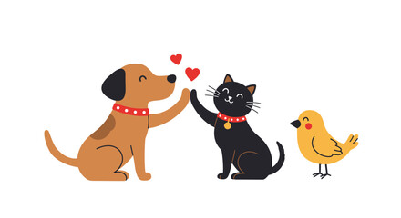 Cute cartoon dog cat bird giving high five with hearts symbolizing friendship and love on isolated vector