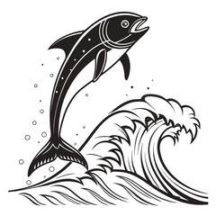 Black fish leaping out of stylized ocean waves jumping