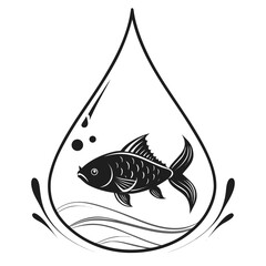 Black fish in water drop with waves and bubbles black and white