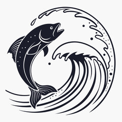 Black fish silhouette leaping through circular wave