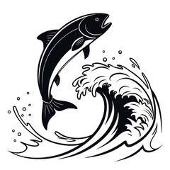 Black fish silhouette leaping through stylized waves