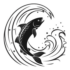 Black fish silhouette jumping in circular wave white