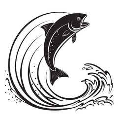 Black fish leaping through circular wave graphic silhouette