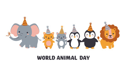 Cute cartoon animals celebrating world animal day wearing party hats adorable characters holding hands joyful wildlife event celebration vector