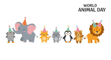 Cute cartoon animals wearing party hats celebrating world animal day with joyful expressions and bright colors for festive occasions vector