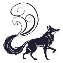 Black fox silhouette with decorative swirling tail 1