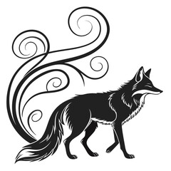Black fox silhouette with decorative swirling tail