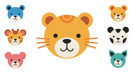 Collection of adorable cartoon animal faces featuring tigers pandas bears rabbits and more fun characters for childrens designs vector