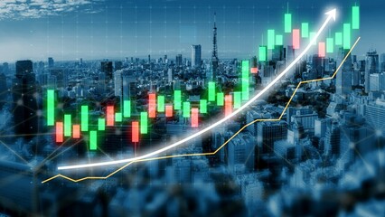 A vibrant digital financial graph featuring candlestick patterns and upward trends overlays a dynamic city skyline, representing modern economic growth and market strategies. Copula