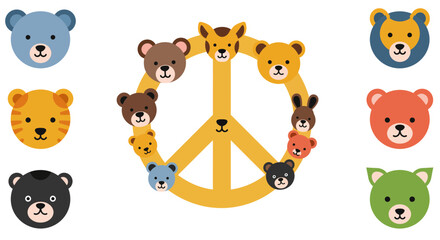 Cute cartoon bear faces forming a peace sign symbol and scattered around for creative design elements vector