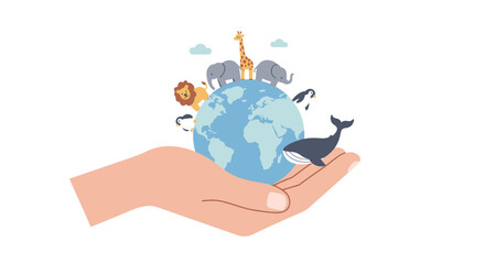Hands gently holding a globe surrounded by diverse animals symbolizing wildlife conservation and global biodiversity vector
