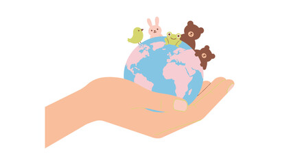 Human hand holding a globe with tiny figures representing global community and connection vector