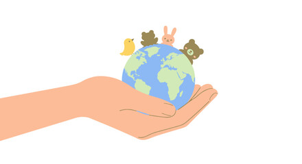 Human hand gently holding a miniature globe with diverse animal figures symbolizing global unity and environmental care vector