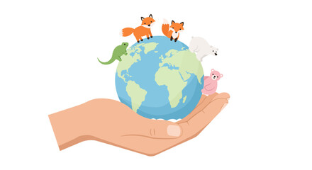 Adorable cartoon animals gracefully perched upon a vibrant planet earth held gently in a caring human hand symbolizing conservation and global care vector