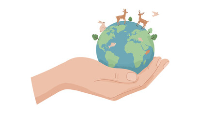 Hand holding globe with diverse people standing around it representing global unity diversity and interconnectedness of humanity vector