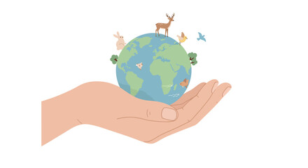 Protecting our planet caring hands holding earth with wildlife and nature symbols symbolizing environmental conservation and sustainability vector