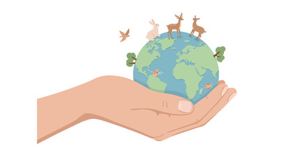 Human hand gently holds planet earth globe with diverse people standing atop representing global community and unity concept vector