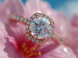 Fototapeta premium a close-up of a luxurious diamond ring with a large, sparkling central gemstone surrounded by a halo of smaller diamonds set in rose gold. The ring is placed on a soft, pink fabric with a blurred back