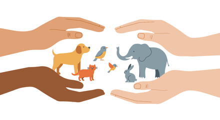 Diverse hands caring for various animals symbolizing animal welfare and protection concept art vector