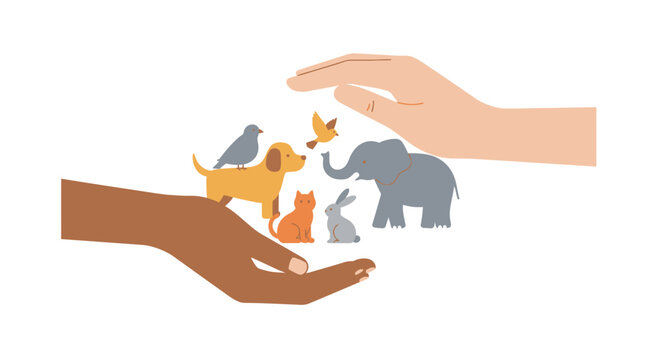 Human hands protecting diverse animals including elephant bird dog cat and rabbit symbolizing animal welfare and conservation efforts vector